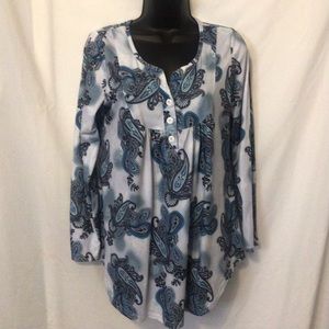 Blue and black paisley print woman’s tunic size  S long sleeves